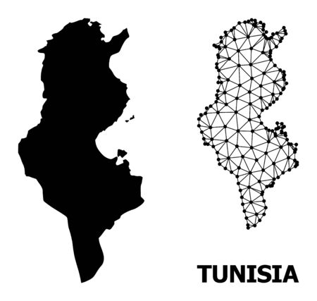 Solid and mesh vector map of Tunisia. Wire frame 2D polygonal mesh in vector EPS format, geographic models for economical illustrations. Illustrations are isolated on a white background.のイラスト素材