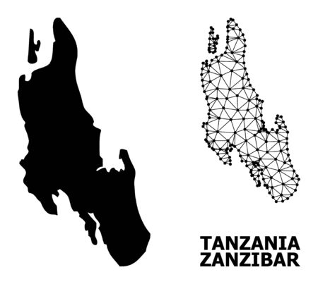 Solid and mesh vector map of Zanzibar Island. Wire carcass flat polygonal network in vector EPS format, geographic templates for economics illustrations.のイラスト素材
