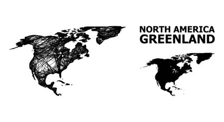 Web vector map of North America and Greenland. Wire carcass flat mesh in vector format, geographic template for patriotic concepts.のイラスト素材