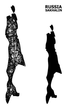 Net vector map of Sakhalin Island. Wire carcass 2D network in vector EPS format, geographic template for educational illustrations. map of Sakhalin Island are isolated on a white background.のイラスト素材