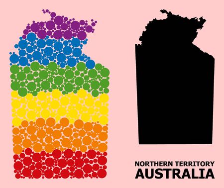 Spectrum colored mosaic vector map of Australian Northern Territory for LGBT, and black version. Geographic collage map of Australian Northern Territory is combined with randomized circle elements.のイラスト素材
