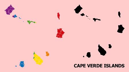 Spectrum vibrant collage vector map of Cape Verde Islands for LGBT, and black version. Geographic collage map of Cape Verde Islands is combined from scattered round spheric elements.のイラスト素材