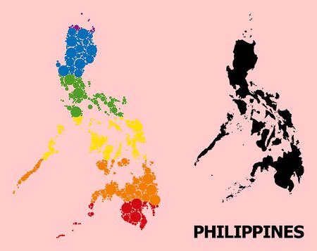 Spectrum colored mosaic vector map of Philippines for LGBT, and black version. Geographic mosaic map of Philippines is created from randomized circle dots.のイラスト素材