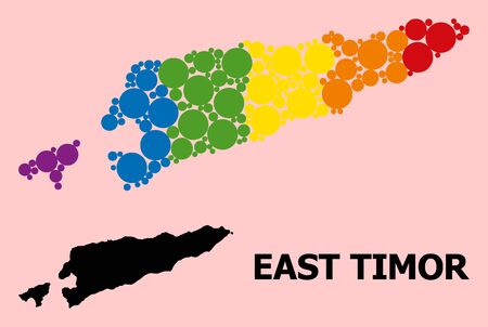 Rainbow vibrant mosaic vector map of East Timor for LGBT, and black version. Geographic concept map of East Timor is created from scattered round spheric elements.のイラスト素材