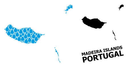 Vector mosaic and solid map of Madeira Islands. Map of Madeira Islands vector mosaic for drinking water ads. Map of Madeira Islands is designed with blue drinking water raindrops.のイラスト素材