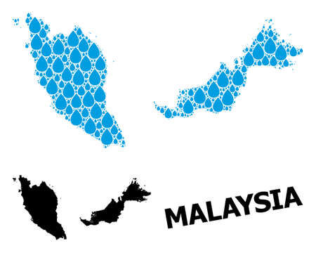 Vector mosaic and solid map of Malaysia. Map of Malaysia vector mosaic for drinking water ads. Map of Malaysia is created with blue clear water tears. Symbol of clean drinking water.のイラスト素材