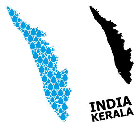 Vector mosaic and solid map of Kerala State. Map of Kerala State vector mosaic for pure water ads. Map of Kerala State is designed with blue clean water raindrops. Symbol for pure drinking water.のイラスト素材