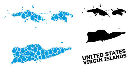 Vector mosaic and solid map of American Virgin Islands. Map of American Virgin Islands vector mosaic for clean water ads. Map of American Virgin Islands is designed with blue drinking aqua raindrops.のイラスト素材