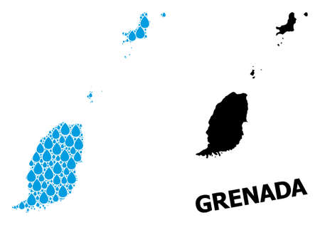 Vector mosaic and solid map of Grenada Islands. Map of Grenada Islands vector mosaic for drinking water ads. Map of Grenada Islands is composed with blue drinking aqua dews.のイラスト素材