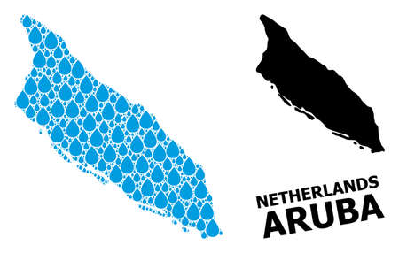 Vector mosaic and solid map of Aruba Island. Map of Aruba Island vector mosaic for clean water ads. Map of Aruba Island is designed with blue clean water tears. Symbol for clean drinking water.のイラスト素材