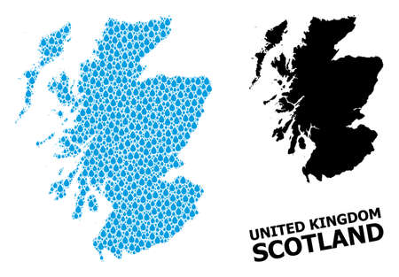 Vector mosaic and solid map of Scotland. Map of Scotland vector mosaic for clean water ads. Map of Scotland is formed with blue clean water tears. Symbol of pure drinking water.のイラスト素材