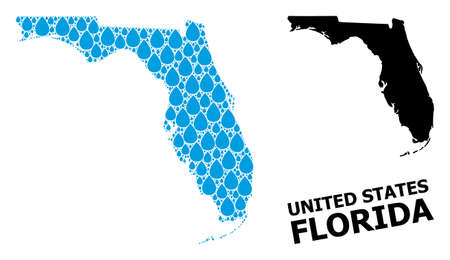 Vector mosaic and solid map of Florida State. Map of Florida State vector mosaic for drinking water ads. Map of Florida State is formed with blue pure water raindrops. Symbol of pure drinking water.のイラスト素材
