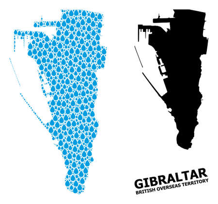 Vector mosaic and solid map of Gibraltar. Map of Gibraltar vector mosaic for drinking water ads. Map of Gibraltar is created with blue clean aqua dews. Symbol for clean drinking water.のイラスト素材