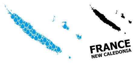 Vector mosaic and solid map of New Caledonia. Map of New Caledonia vector mosaic for pure water ads. Map of New Caledonia is formed with blue clean water drops. Symbol for clean drinking water.のイラスト素材