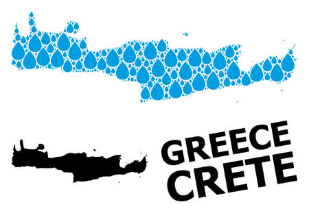 Vector mosaic and solid map of Crete Island. Map of Crete Island vector mosaic for clean water ads. Map of Crete Island is formed with blue drinking water raindrops. Symbol for natural drinking water.のイラスト素材