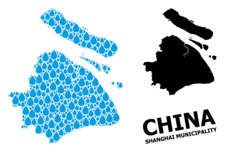 Vector mosaic and solid map of Shanghai Municipality. Map of Shanghai Municipality vector mosaic for drinking water ads. Map of Shanghai Municipality is composed from blue drinking liquid drops.のイラスト素材