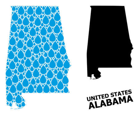 Vector mosaic and solid map of Alabama State. Map of Alabama State vector mosaic for drinking water ads. Map of Alabama State is composed with blue clean water drops. Symbol of clean drinking water.のイラスト素材