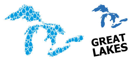 Vector mosaic and solid map of Great Lakes. Map of Great Lakes vector mosaic for drinking water ads. Map of Great Lakes is formed with blue clear liquid raindrops. Symbol for natural drinking water.のイラスト素材