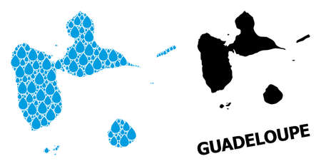 Vector mosaic and solid map of Guadeloupe. Map of Guadeloupe vector mosaic for clean water ads. Map of Guadeloupe is created with blue clean water drops. Symbol for clean drinking water.のイラスト素材