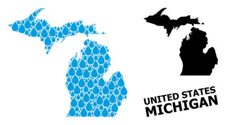 Vector mosaic and solid map of Michigan State. Map of Michigan State vector mosaic for clean water ads. Map of Michigan State is formed with blue drinking water raindrops.のイラスト素材