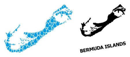 Vector mosaic and solid map of Bermuda Islands. Map of Bermuda Islands vector mosaic for drinking water ads. Map of Bermuda Islands is formed from blue pure aqua dews. Symbol of pure drinking water.のイラスト素材