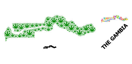 Vector marijuana mosaic and solid map of the Gambia. Map of the Gambia vector mosaic for marijuana legalize campaign. Map of the Gambia is composed with green and bright marijuana leaves.のイラスト素材