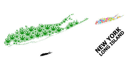 Vector hemp mosaic and solid map of Long Island. Map of Long Island vector mosaic for hemp legalize campaign. Map of Long Island is composed with green and psychedelic weed leaves.のイラスト素材
