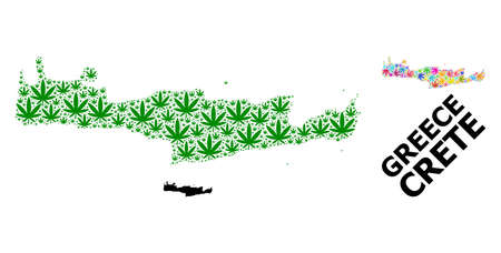 Vector weed mosaic and solid map of Crete Island. Map of Crete Island vector mosaic for weed legalize campaign. Map of Crete Island is formed from green and psychedelic cannabis leaves.のイラスト素材