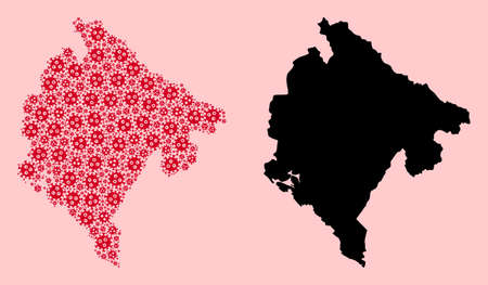 Vector viral mosaic and solid map of Montenegro. Map of Montenegro vector mosaic for quarantine campaigns and promotion. Map of Montenegro is designed from red flu viral parts.のイラスト素材