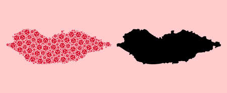 Vector pandemic virus mosaic and solid map of Socotra Island. Map of Socotra Island vector mosaic for isolation campaigns and posters. Map of Socotra Island is composed with red virus items.のイラスト素材