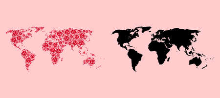 Vector pandemic virus mosaic and solid map of world. Map of world vector mosaic for geographic campaigns and posters. Map of world is created with red virus ojects.のイラスト素材