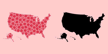 Vector pandemic virus mosaic and solid map of USA territories. Map of USA territories vector mosaic for health care campaigns and applications. Map of USA territories is formed from red virus ojects.のイラスト素材