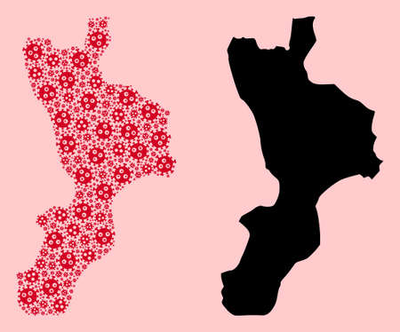 Vector sars virus mosaic and solid map of Calabria region. Map of Calabria region vector mosaic for health care campaigns and applications. Map of Calabria region is composed from red virus items.のイラスト素材