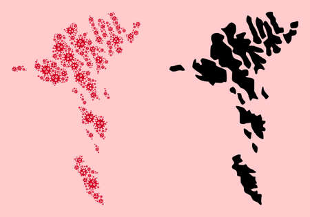 Vector pandemic virus mosaic and solid map of Faroe Islands. Map of Faroe Islands vector mosaic for clinic campaigns and posters. Map of Faroe Islands is designed from red pandemic virus particles.のイラスト素材
