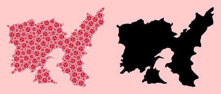 Vector pandemic virus mosaic and solid map of Lemnos Island. Map of Lemnos Island vector mosaic for doctor campaigns and agitation. Map of Lemnos Island is created with red virus icons.のイラスト素材
