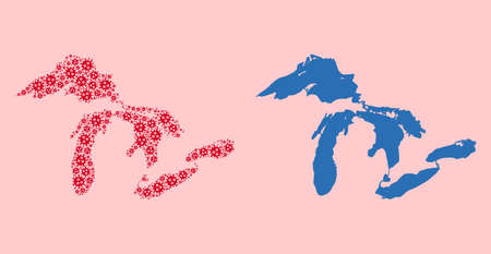 Vector pandemic virus mosaic and solid map of Great Lakes. Map of Great Lakes vector mosaic for quarantine campaigns and posters. Map of Great Lakes is created with red infection virus items.のイラスト素材