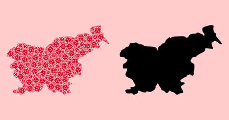 Vector Covid-2019 virus mosaic and solid map of Slovenia. Map of Slovenia vector mosaic for medicine campaigns and purposes. Map of Slovenia is formed with red infection virus items.のイラスト素材