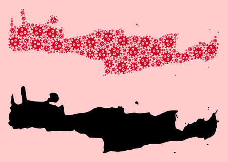 Vector Covid-2019 virus mosaic and solid map of Crete Island. Map of Crete Island vector mosaic for lockdown campaigns and agitprop. Map of Crete Island is created with red covid-2019 items.のイラスト素材