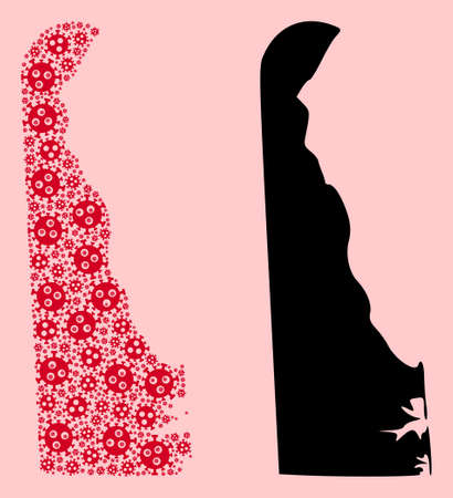 Vector pandemic virus mosaic and solid map of Delaware State. Map of Delaware State vector mosaic for doctor campaigns and agitation. Map of Delaware State is designed with red pandemic virus icons.のイラスト素材
