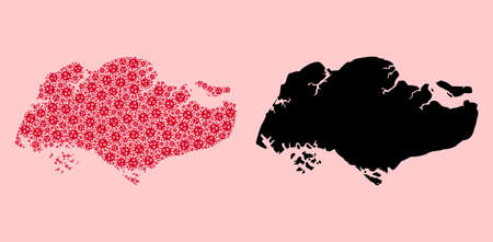 Vector Covid-2019 virus mosaic and solid map of Singapore. Map of Singapore vector mosaic for medicine campaigns and agitation. Map of Singapore is designed with red virus ojects.のイラスト素材