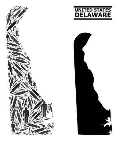 Vaccine mosaic and solid map of Delaware State. Vector map of Delaware State is composed from vaccine doses and men figures. Collage designed for quarantine alerts. Final solution over coronavirus.のイラスト素材