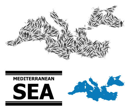 Vaccine mosaic and solid map of Mediterranean Sea. Vector map of Mediterranean Sea is designed from vaccine doses and human figures. Template designed for political posters.のイラスト素材