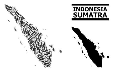 Virus therapy mosaic and solid map of Sumatra Island. Vector map of Sumatra Island is constructed of vaccine symbols and men figures. Collage is useful for lockdown aims.のイラスト素材