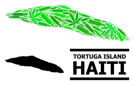 Addiction mosaic and solid map of Haiti Tortuga Island. Vector map of Haiti Tortuga Island is organized with scattered vaccine doses, cannabis leaves and alcoholic bottles.のイラスト素材