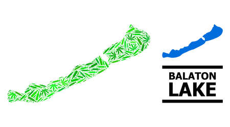 Drugs mosaic and solid map of Balaton Lake. Vector map of Balaton Lake is constructed from random vaccine doses, cannabis leaves and drink bottles.のイラスト素材