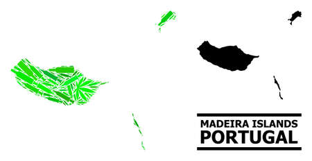 Drugs mosaic and solid map of Madeira Islands. Vector map of Madeira Islands is created with random vaccine doses, ganja and wine bottles.のイラスト素材