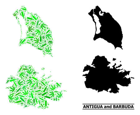 Drugs mosaic and usual map of Antigua and Barbuda. Vector map of Antigua and Barbuda is designed with randomized inoculation icons, ganja and wine bottles.のイラスト素材