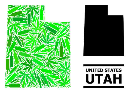 Drugs mosaic and usual map of Utah State. Vector map of Utah State is made from random inoculation icons, cannabis and alcohol bottles. Abstract territory scheme in green colors for map of Utah State.のイラスト素材