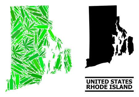 Addiction mosaic and usual map of Rhode Island State. Vector map of Rhode Island State is made with random vaccine doses, narcotic and wine bottles.のイラスト素材