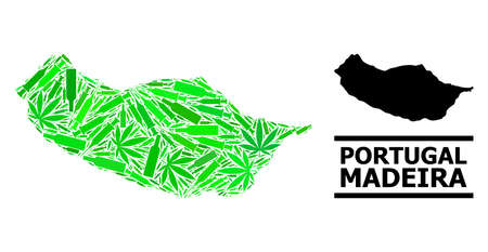 Addiction mosaic and usual map of Madeira Island. Vector map of Madeira Island is organized from randomized syringes, herb and wine bottles.のイラスト素材
